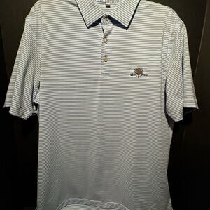 Peter Millar Light Blue Striped Polo Shirt Mid Pines Golf Course logo